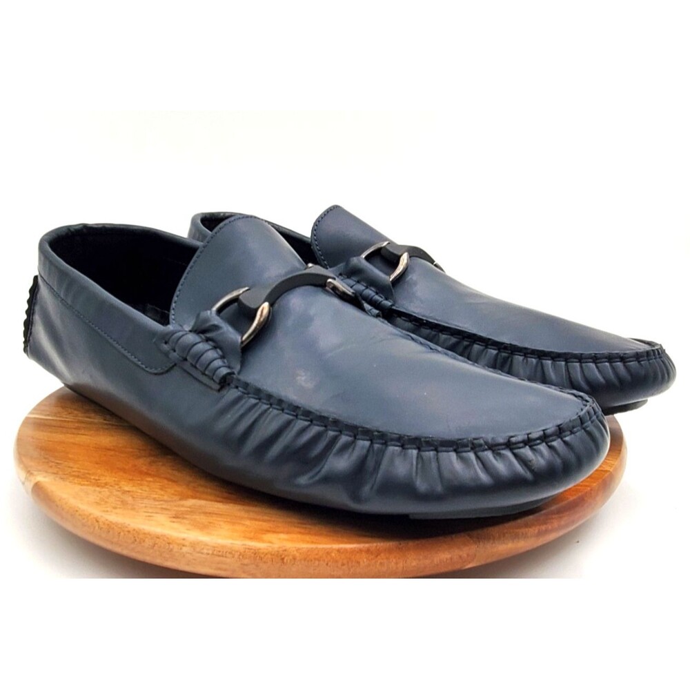 Bugatchi Driving Loafers Mens 12 Navy Blue Leather Slip-On Shoes Italy Horsetbit
